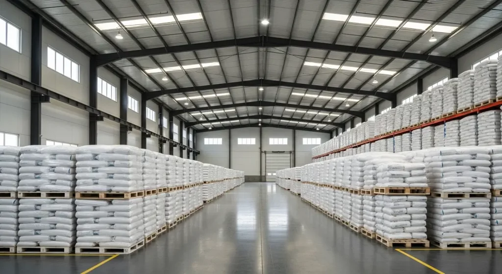 Clean warehouse with stacked white bags on wooden pallets.