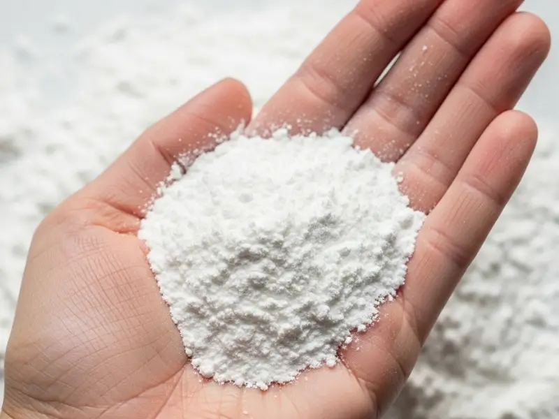 White powder held in hand, fine and soft texture.