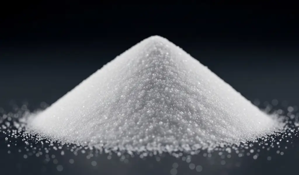 Fine white granules piled neatly on a dark background.