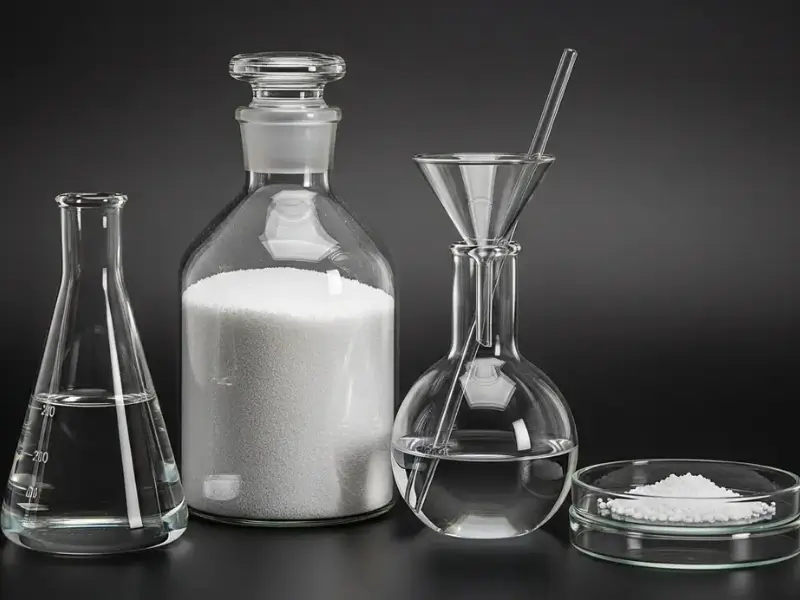 Laboratory glassware with white powder and clear liquid samples.